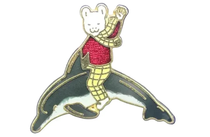 Vintage Rupert The Bear Pin Badge Riding on a Dolphin