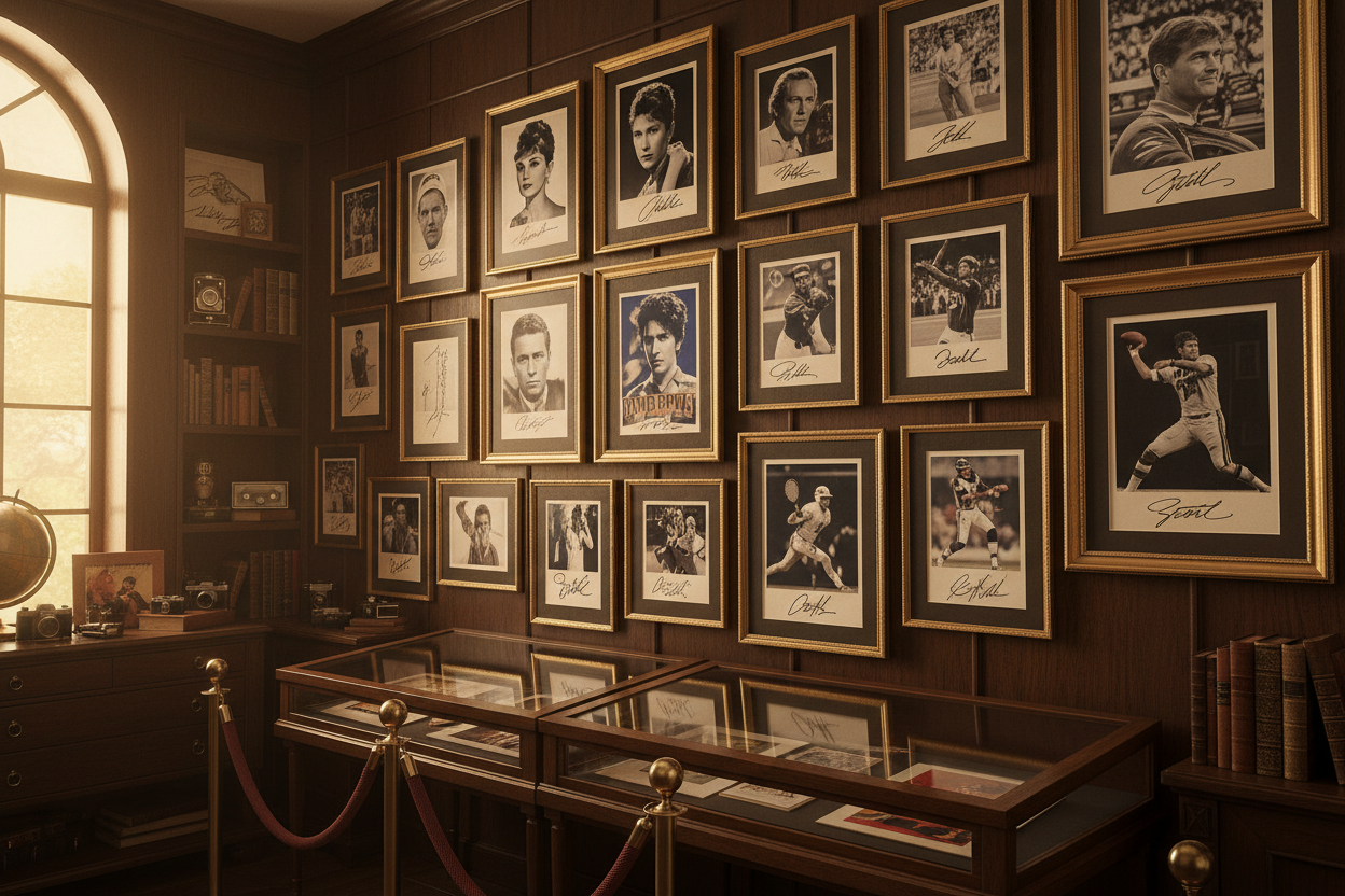 A collection of autographed prints displayed on a wall