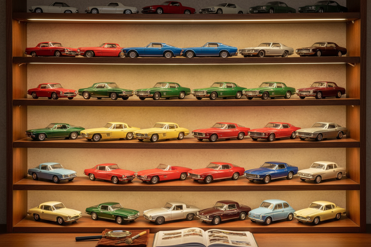 A diecast model car collection on display shelves