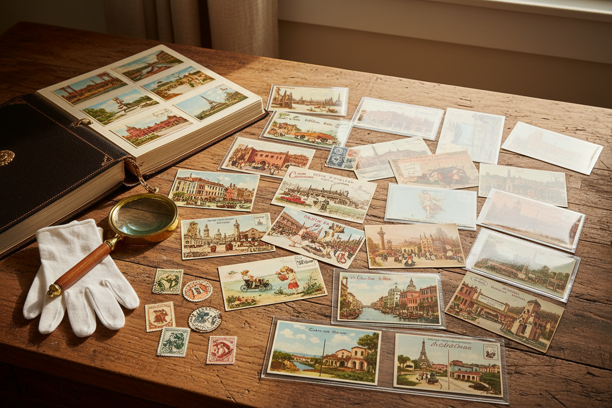A collection of vintage postcards on an oak table
