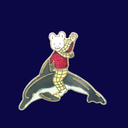 Vintage Rupert the Bear Riding a Dolphin Pin Badge Brooch