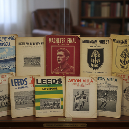 A Collection of vintage football programmes on a table