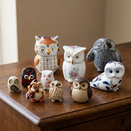 Square owl collection image with owl ornaments arranged on an antique wooden sideboard