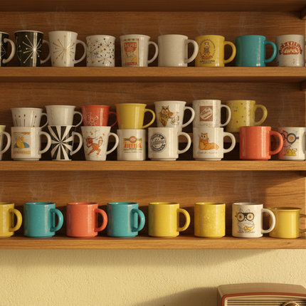 Vintage and Retro Mug Collection on Shelves