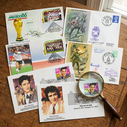Square first day covers collection image with your Elvis, Mexico 86 and Royal Marines covers arranged on a wooden desk with a magnifying glass
