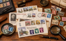 A styled flat-lay of vintage collectible stamps and first day covers on a wooden table.