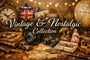 A vintage-themed collage with multiple retro objects including an ornate clock, globe, camera, binoculars, old books, coins, a small car, and a train, arranged on a map with the text 'Vintage & Nostalgic Collection' and a 'Made with AI' badge.