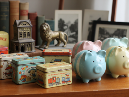 Vintage Money Box Collection on a Table