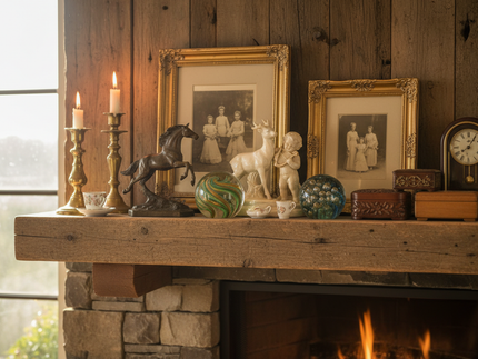 A collection of vintage ornaments on a fireplace shelf