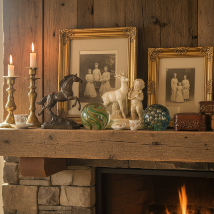 A collection of vintage ornaments on a fireplace shelf