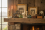 A collection of vintage ornaments on a fireplace shelf