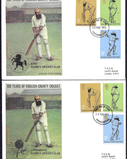 Set of 18 First Day Covers – 100 Years of English County Cricket (1873–1973)