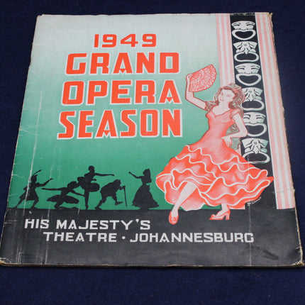 1949 Grand Opera Season program for His Majesty's Theatre, Johannesburg with a woman in a red dress on the cover.