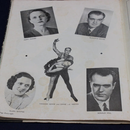 Page from a book with black and white portraits of people and a dancer.