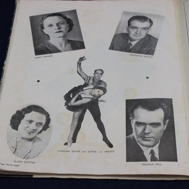 Page from a book with black and white portraits of people and a dancer.