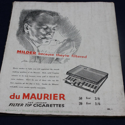 Vintage advertisement for du Maurier cigarettes with a man smoking and product illustration.
