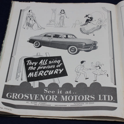 Vintage advertisement for Mercury cars featuring illustrations and text on a book page.