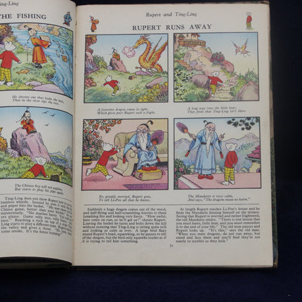 Open book showing illustrations and text from a children's story about Rupert and Ting-Ling