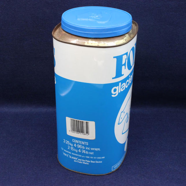 A can of Fox Glacier ice lubricant with a blue lid and blue-and-white label, photographed against a dark blue background.