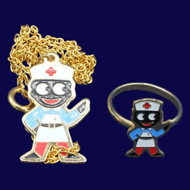 1980s Golly Nurse Pendant & Chain with Golly Nurse Ring