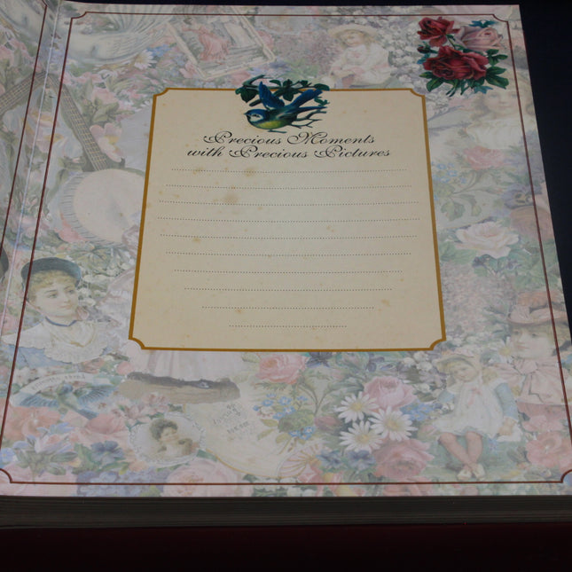 Decorative paper with floral border and vintage-style text