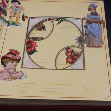 Decorative page with vintage-style illustrations of people and flowers on a beige background.