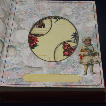 Decorative paper with vintage-style illustration of a child and flowers, on a floral patterned background.