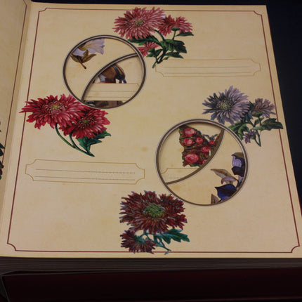Decorative paper with floral designs and cut-out shapes on a beige background