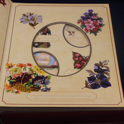 Decorative paper with floral designs and circular cutouts on a dark background