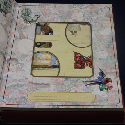 Decorative scrapbook page with vintage illustrations and text boxes.