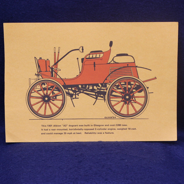 Illustration of an old-fashioned Albion A2 car on a beige background with text below.