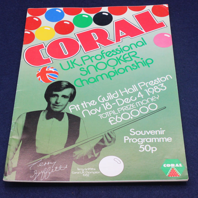 Cover of a souvenir programme for the U.K. Professional Snooker Championship featuring a player and colorful design.