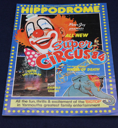 Hippodrome Super Circus 84 promotional poster with clown and circus elements on a dark background