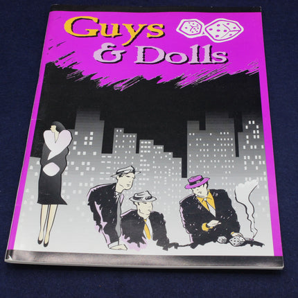 Programme cover of 'Guys & Dolls' with a purple border and cityscape illustration.