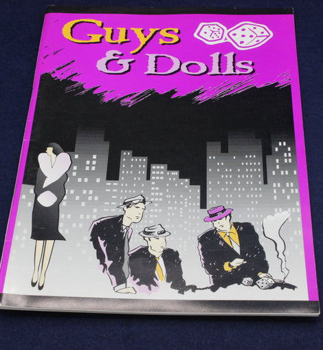 Programme cover of 'Guys & Dolls' with a purple border and cityscape illustration.