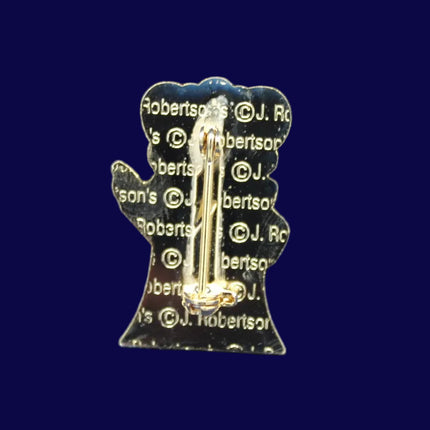 Metallic Golly pin with J. Robertson's' text on a blue background