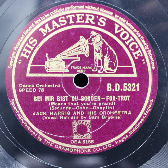78 rpm Shellac Record – Jack Harris – Bei Mir Bist Du Schoen