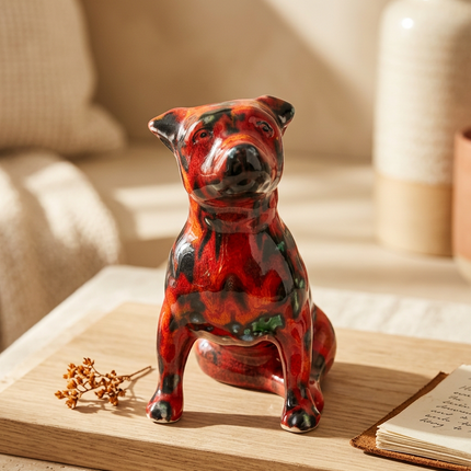 A glossy ceramic dog figurine in a sitting pose, decorated with a red, black, and green marbled glaze, displayed on a wooden tray in a warm, softly lit interior setting.