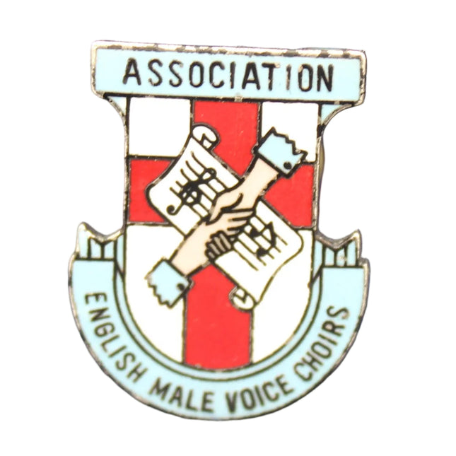 Pin with a crest design on a textured dark background