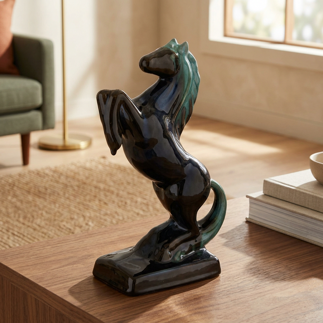 A glossy black ceramic horse figurine with green patina highlights, standing on a wooden table in a bright, modern living room setting.