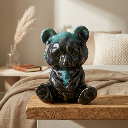 A glossy ceramic bear figurine with a dark black and teal glaze sits on a wooden table in a softly lit bedroom setting.