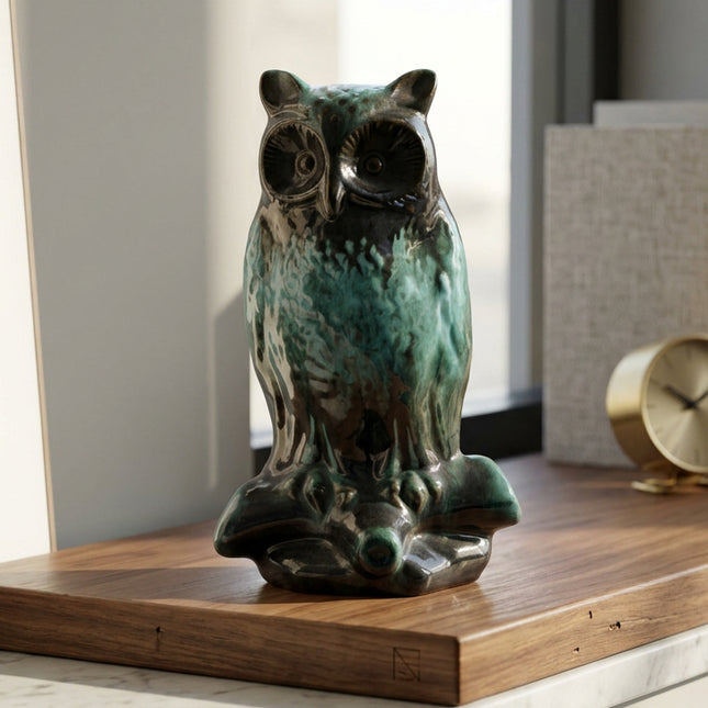 A ceramic owl figurine with a glossy glaze featuring a dark black base and vibrant turquoise-green mottled patterns, set against a wooden background