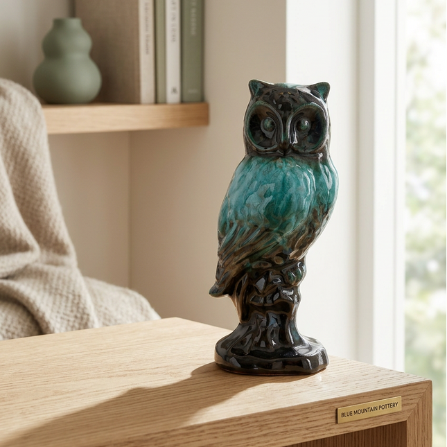 A ceramic owl figurine with a glossy teal and black glaze, displayed on a light wood table in a softly lit room.
