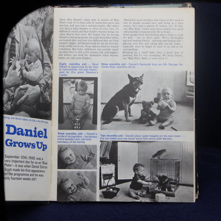 Book or magazine page showing black and white photos of a baby named Daniel with text about his growth.