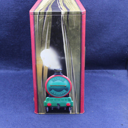 Decorative box with a train design on a blue background