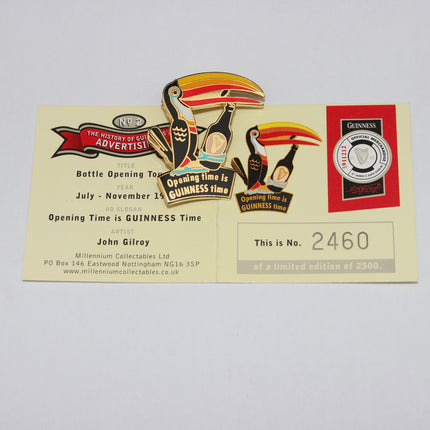 Guinness promotional item with toucan design and limited edition number on a light gray background