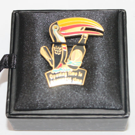 Black jewelry box with a toucan design on a white background