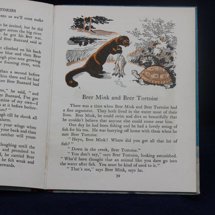 Open book with illustrations of Brer Mink and Brer Tortoise, text on a dark background