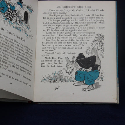 Illustrated book page from 'Mr. Cricketers Free Ride' with a fox character and text.