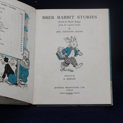 Open book titled 'Brer Rabbit Stories' with illustrations on a dark background
